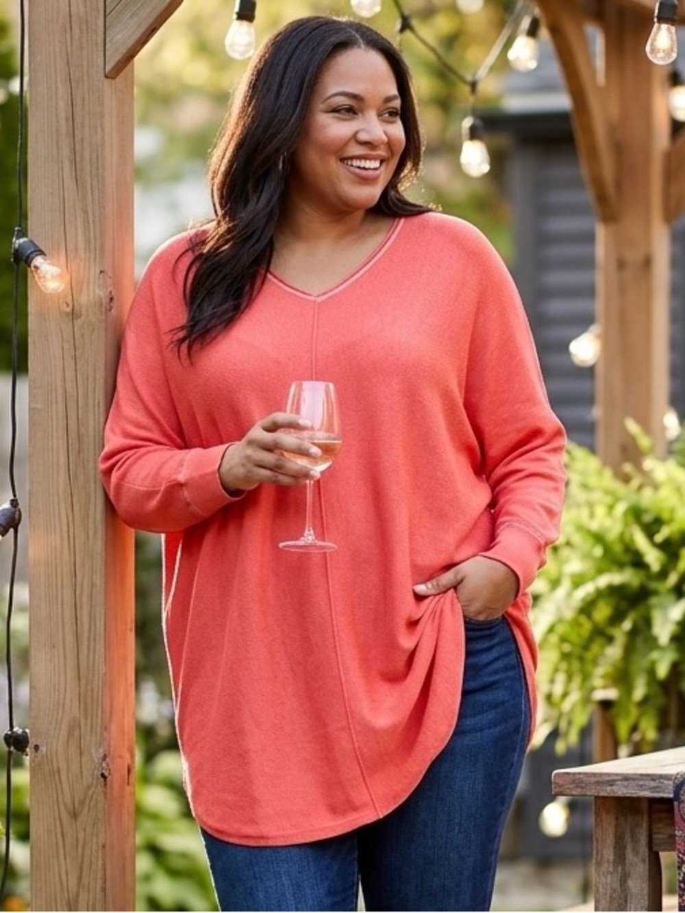 CJ Banks NWT Coral Metallic Trim V-Neck Tunic Top Plus 1X 16W/18W